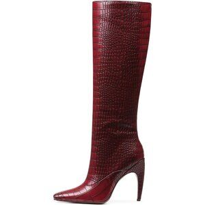 🆕Women Red Knee High Boots Wide Calf Long Suede Square Toe Heel Tall Boots